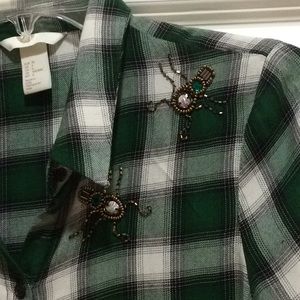 H&M Green Plaid Blouse W/Beading